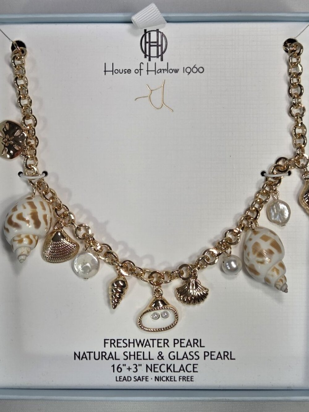 House of Harlow 1960 Seashell Charm Necklace Freshwater Pearl Gold Chain